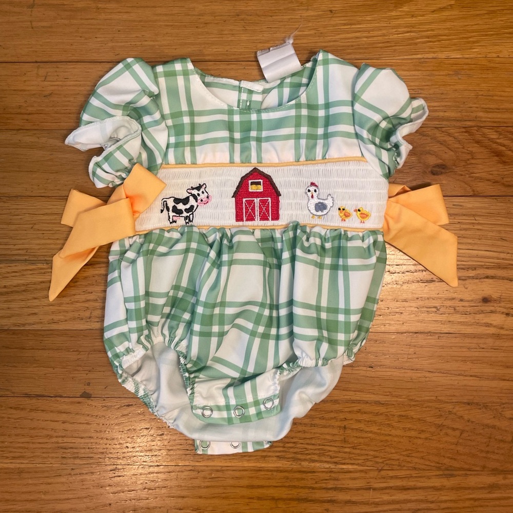 Farm Theme Smocked Green Gingham Bubble with Sherbet Bows - 3M